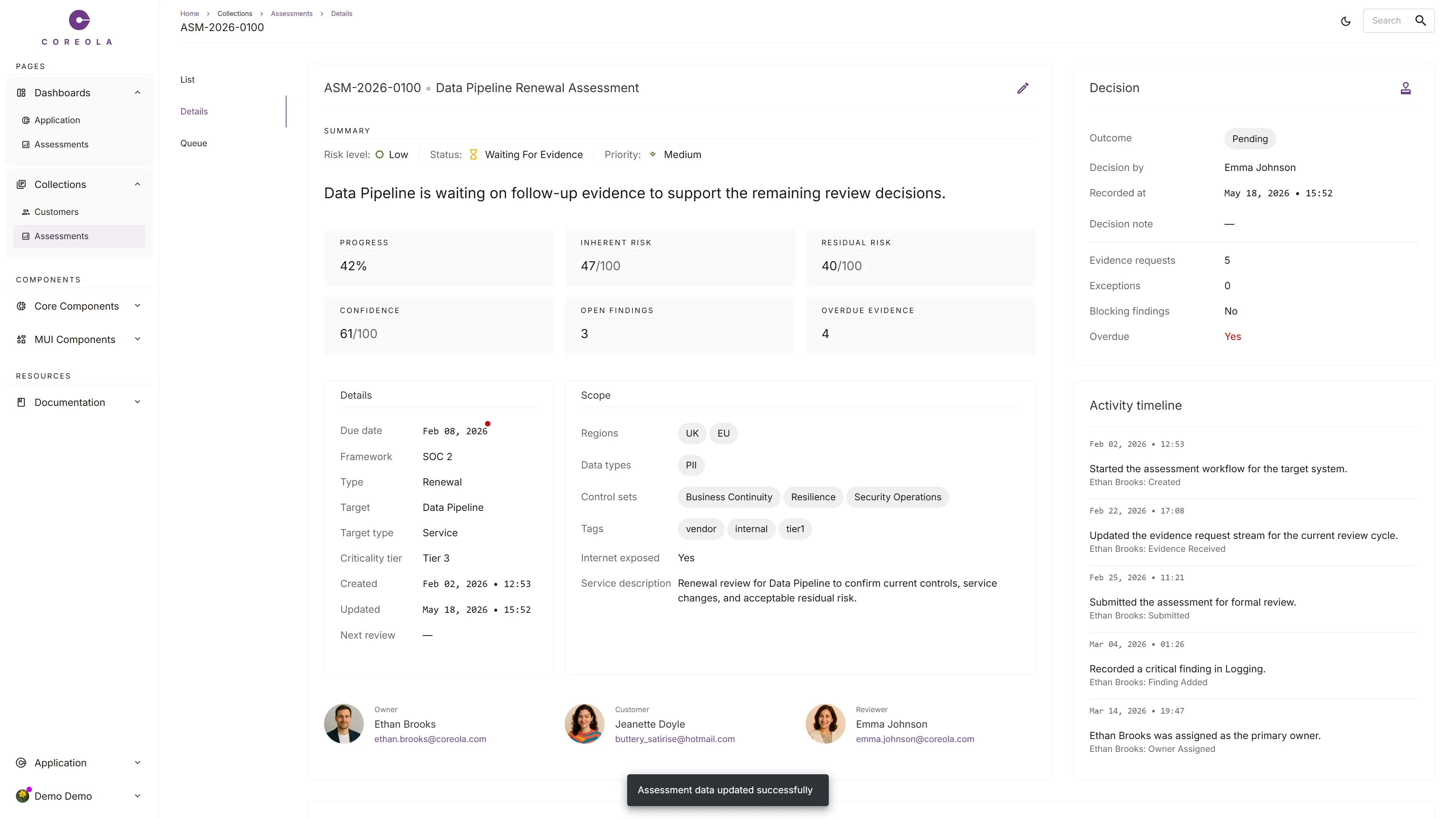 The Coreola Assessments details page — status chips, risk and progress KPIs, scope, decision card, and activity timeline.